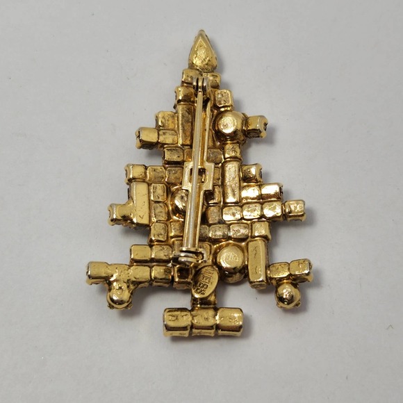 Vintage Weiss 5 Candle Rhinestone Christmas Tree Brooch Pin Gold Tone Holiday - Picture 9 of 10